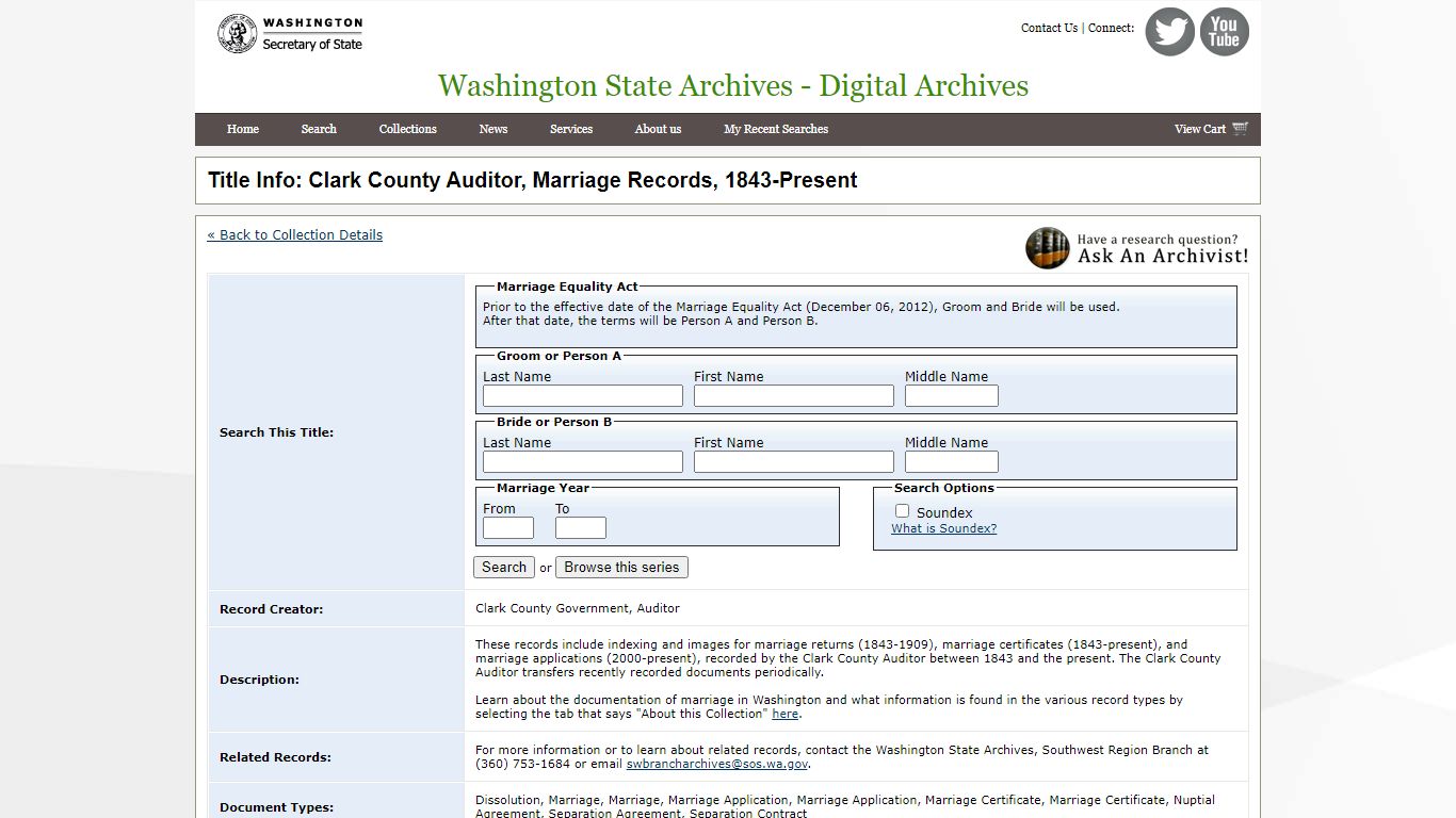 Title Info: Clark County Auditor, Marriage Records, 1843-Present
